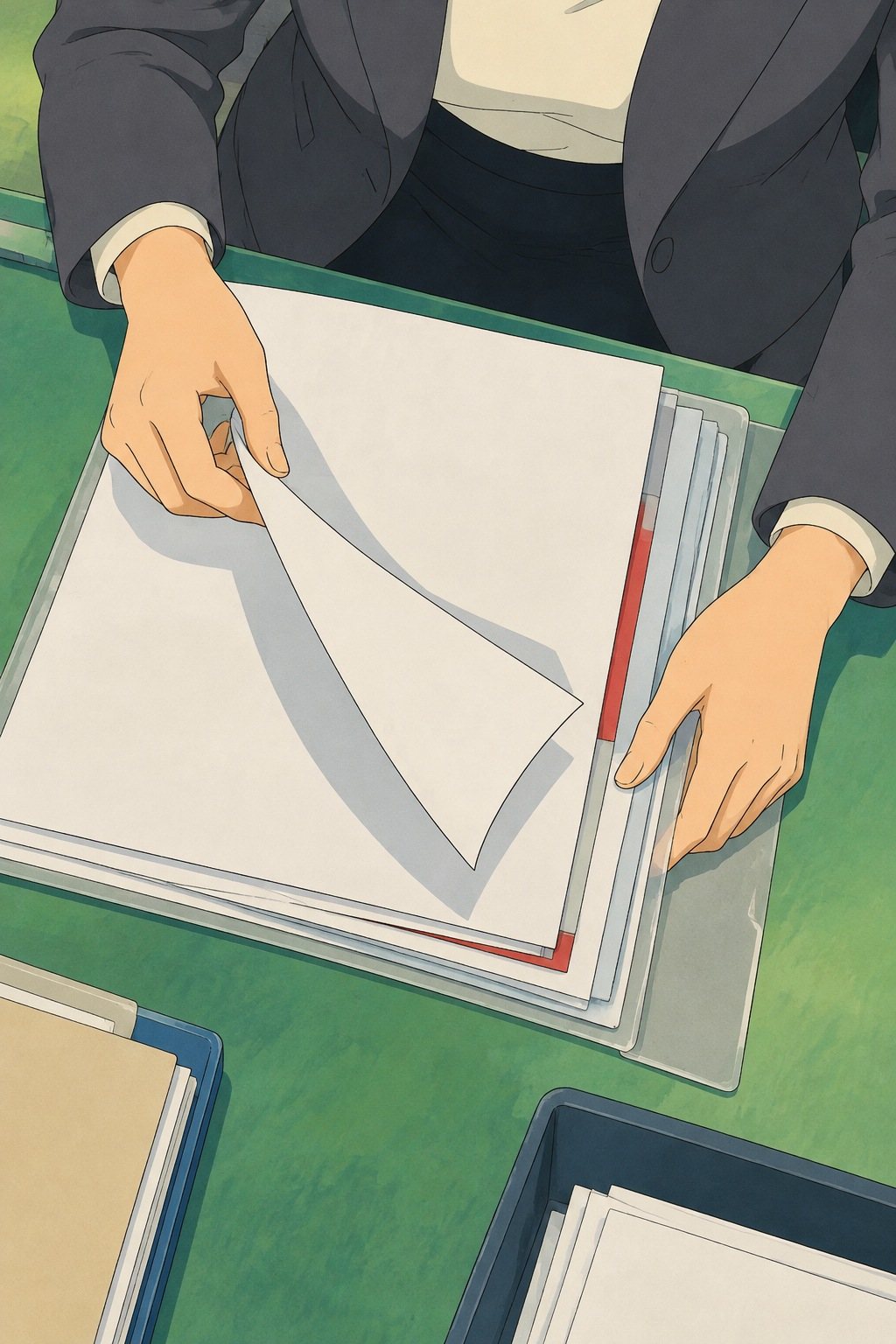 真上からカウンター。クリアファイルの中の書類の束（字は読めない）を女性の指がめくる。