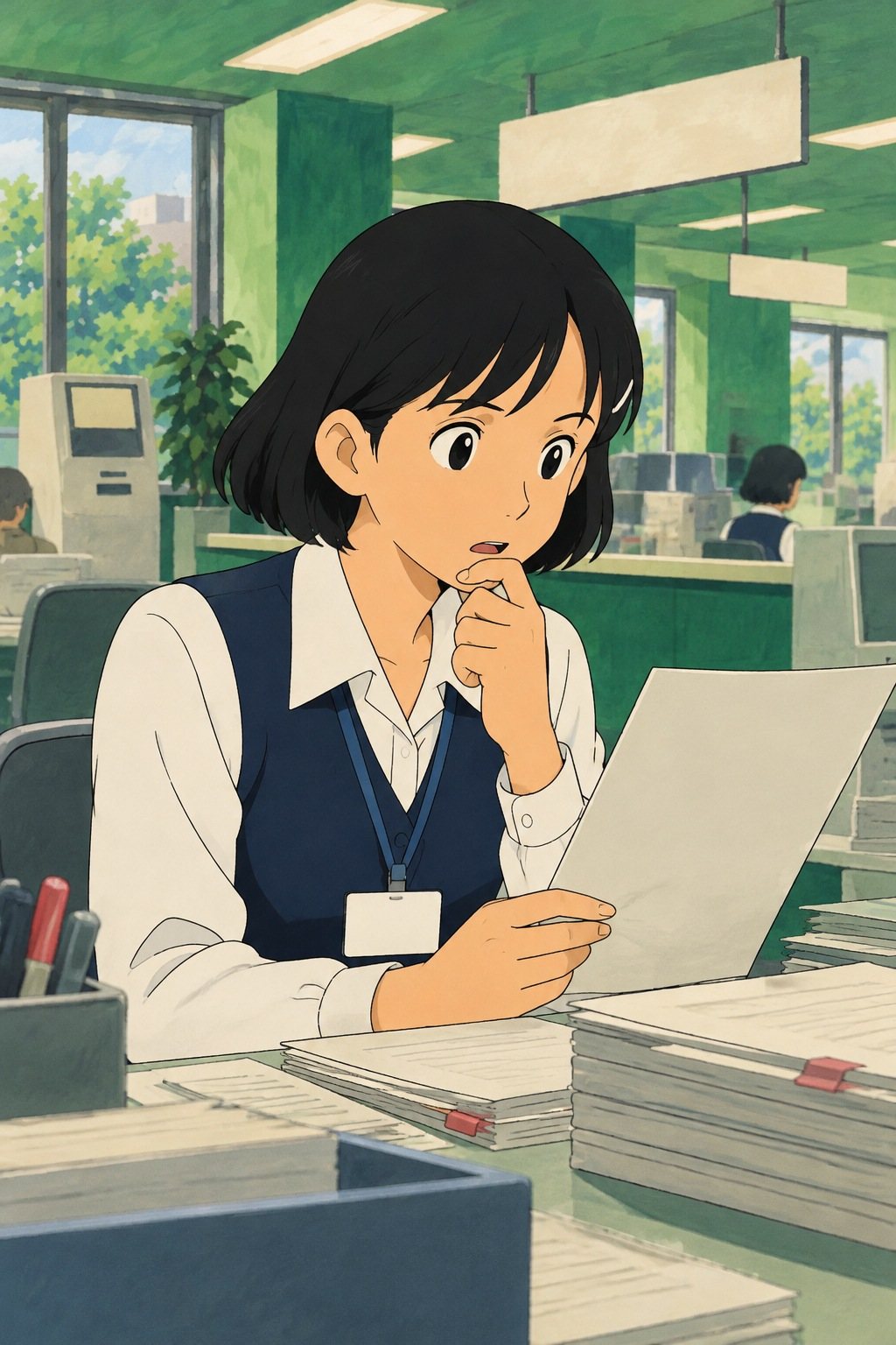 茅野の腰から上。書類を見て、何かに気づいて口元に手を当てる。