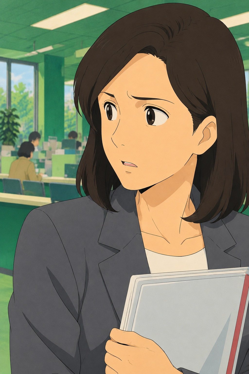 女性の顔の寄り。眉間のしわがほどけ、口が小さく開く。クリアファイルを持つ手が止まる。