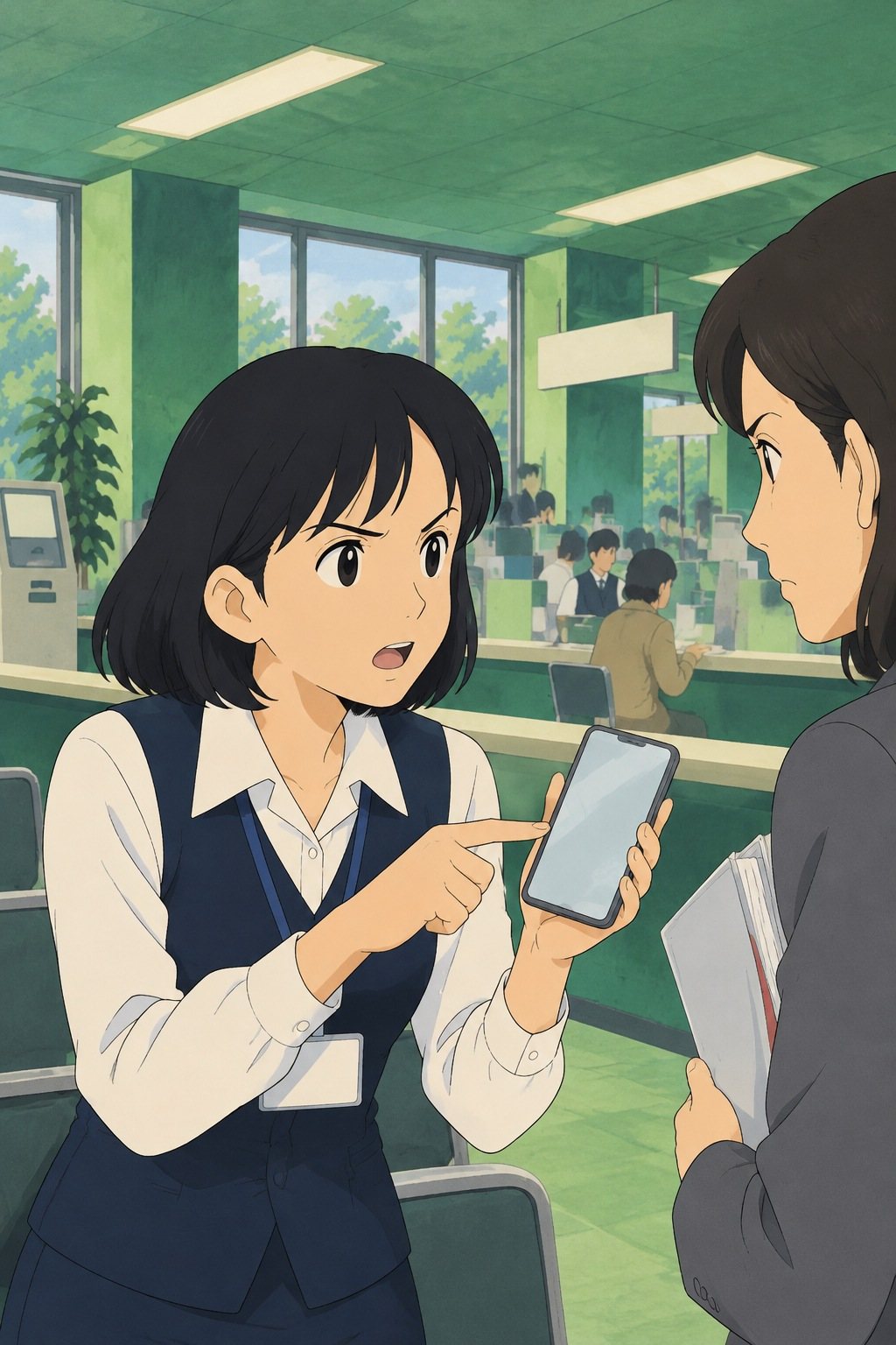茅野の胸から上。スマホに出した病院の番号を指さし、隣の女性に見せる。