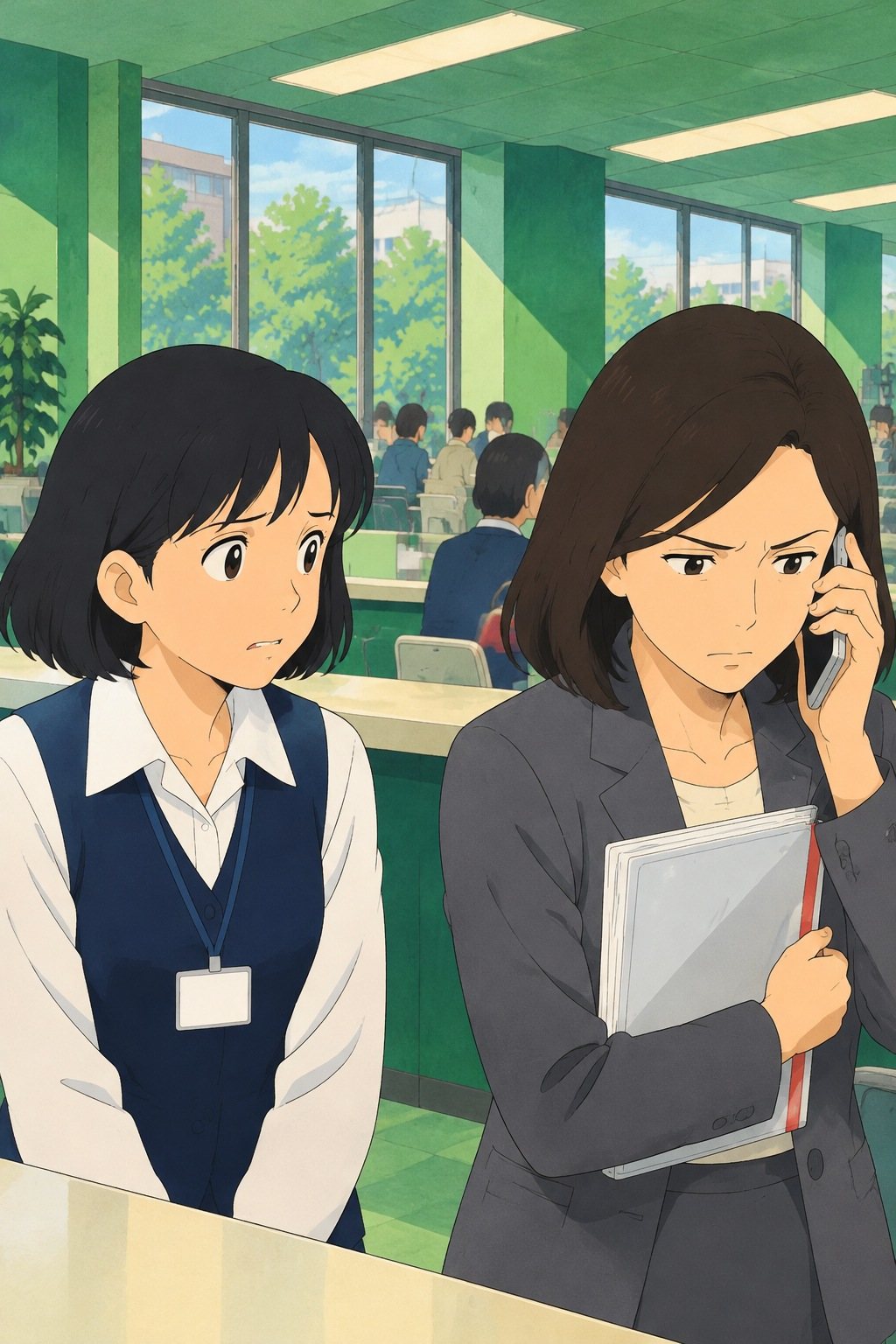 女性がカウンターの端でスマホを耳に当て、もう片方の手でクリアファイルを胸に抱える。横で茅野が息を止めて待つ。