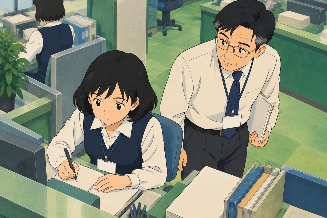 午後4時過ぎの総合窓口。茅野が自分の席で、ノートの課の名前の矢印の先に、さらに小さな字（読めない）を書き足している。横に係長が立ち、のぞき込む。