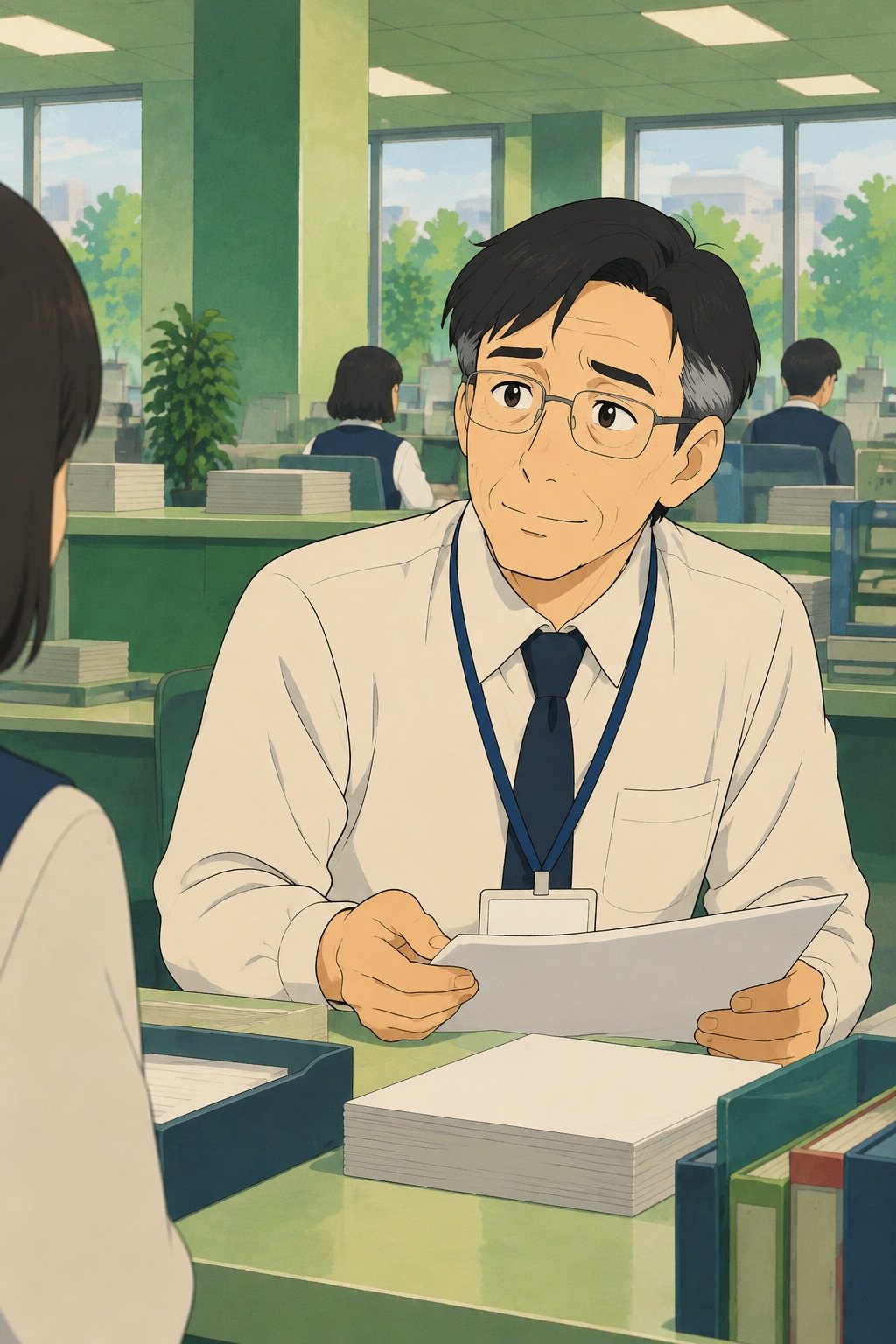 係長の腰から上。用紙を手に、困ったように笑う。