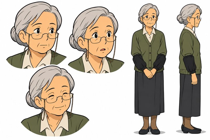 「その申請、ここで合ってます」の梅津 タエの設定画（全身と顔）