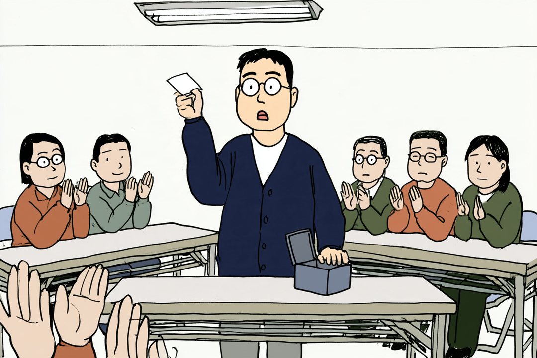 古いマンションの集会室。長い机のまわりの住人たちが、一斉に拍手をする。真ん中で、くじの紙を片手で掲げた40歳くらいの眼鏡の男性だけが、口を開けて固まっている。