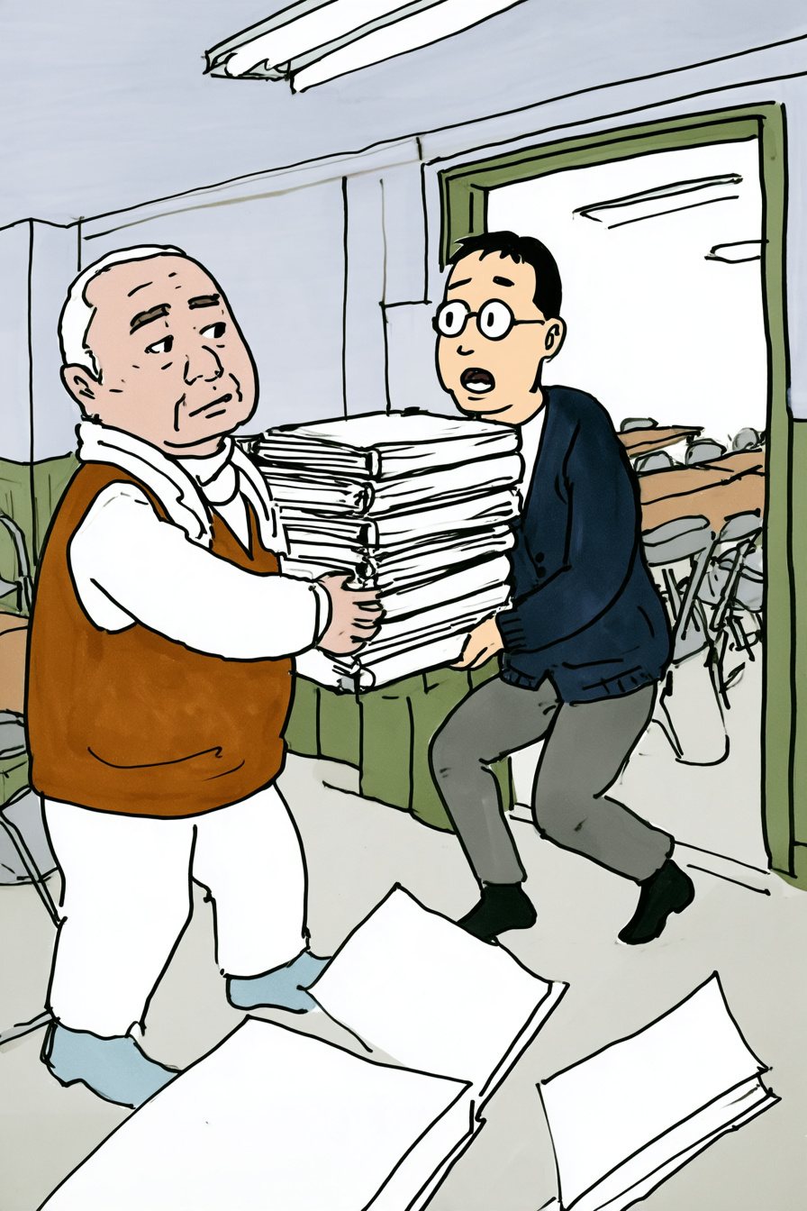 集会室の出口。左で、首にタオルの背の低い老人が、分厚いファイルの束を眼鏡の男性に押しつける。右の男性はよろける。
