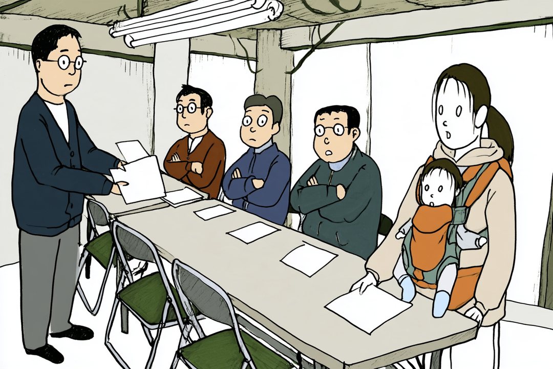 集会室の長い机。立って紙を配る眼鏡の男性。座った理事たちは腕を組む。右の端で、2歳の子を抱っこひもで抱えた30代の女性が、紙を見て目を見開く。
