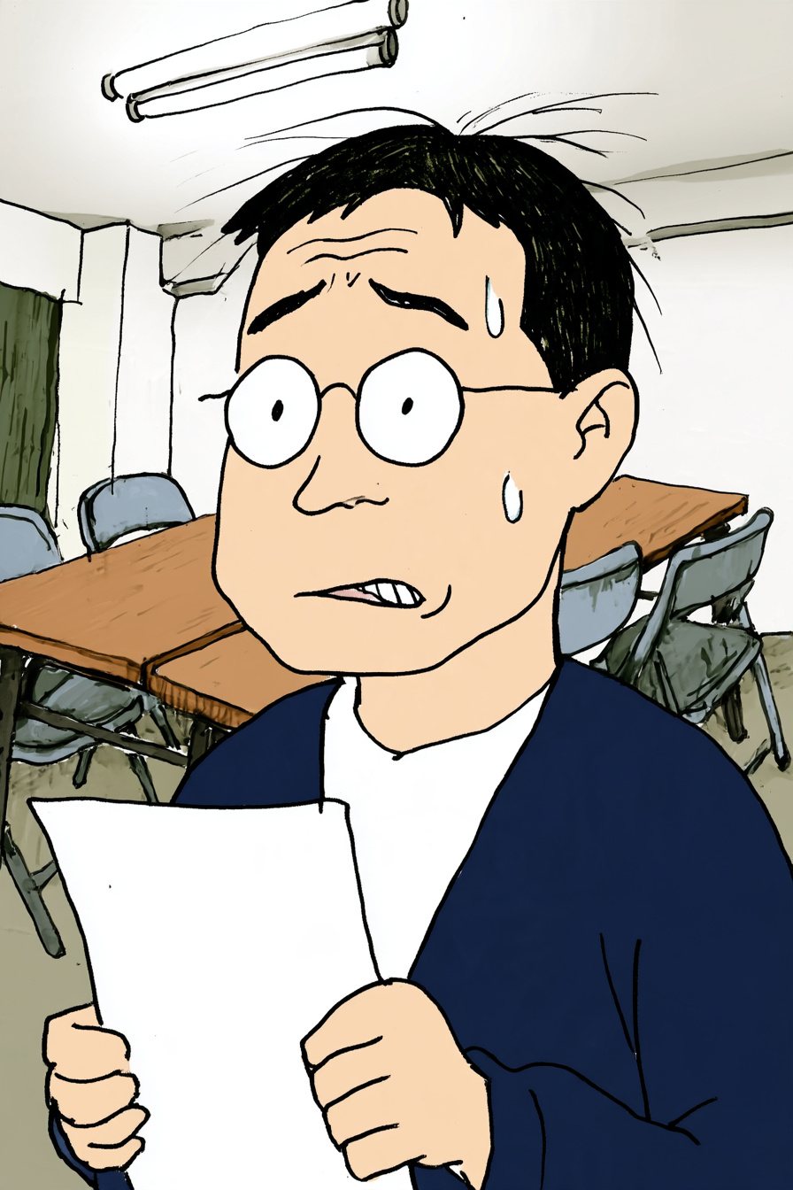 眼鏡の男性の寄り。紙を持ったまま汗をかき、目が泳ぐ。