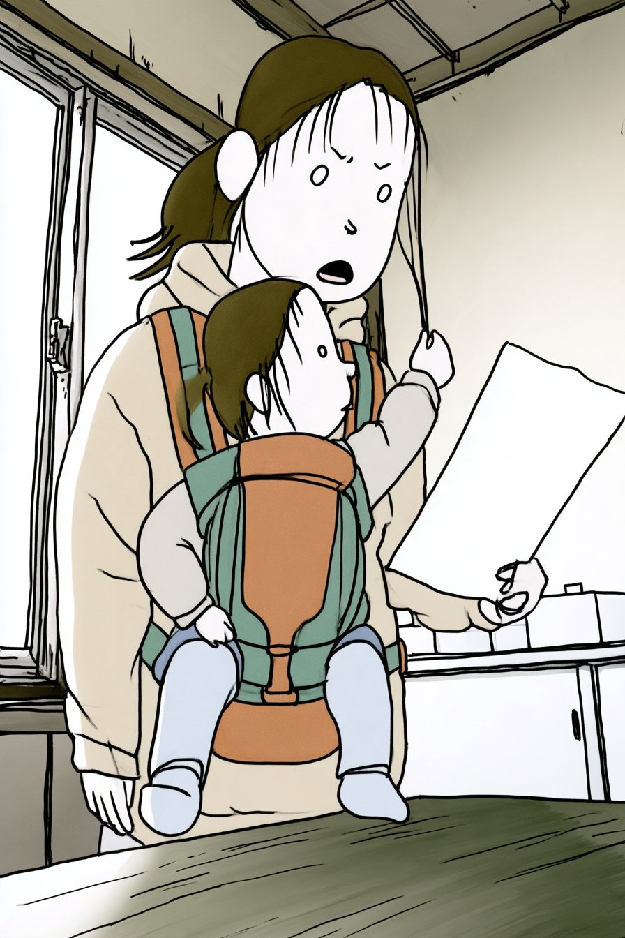 30代の女性。前に抱えた抱っこひもの子が、母親の髪に手を伸ばす。女性は手に持った紙をじっと見て、眉を寄せる。