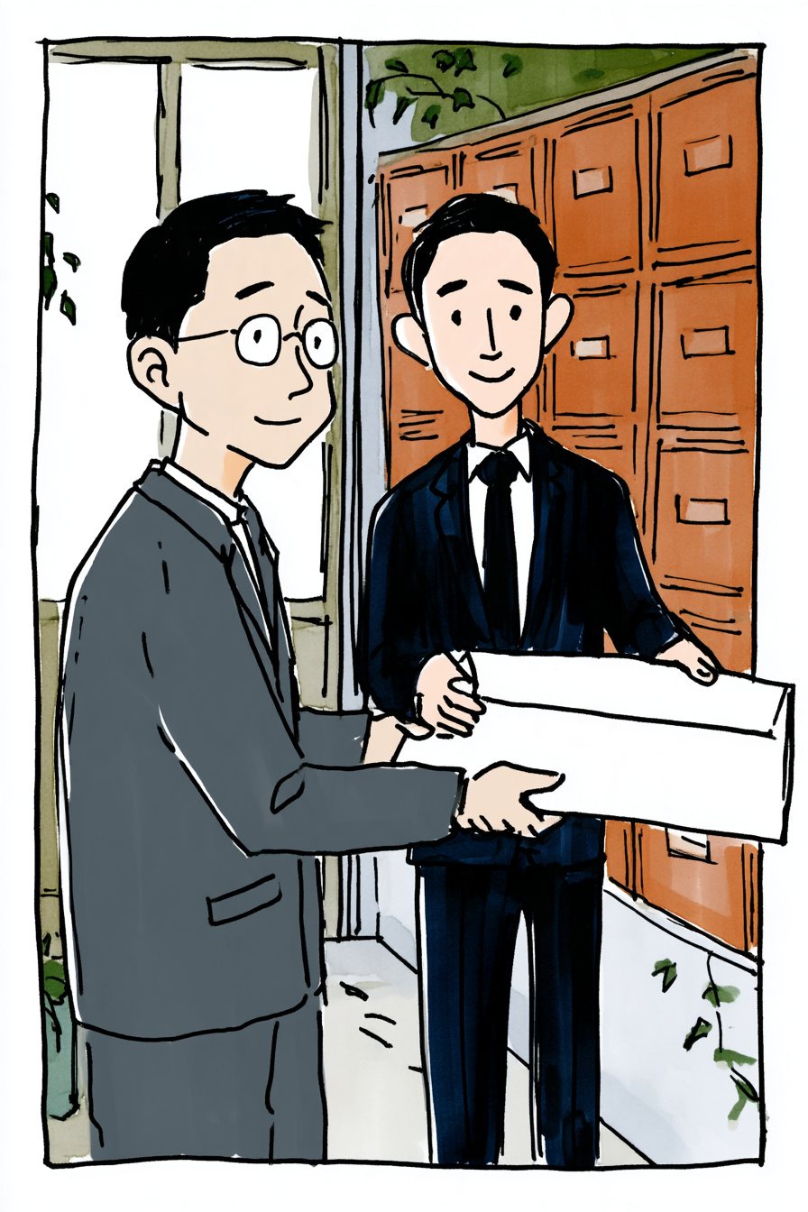 マンションのエントランスの郵便受けの前。右で、紺の背広の若い男性がにこやかに分厚い封筒を差し出す。封筒の右の角が、絵の枠の右の線に掛かる。左で、灰色の背広の眼鏡の男性が受け取る。
