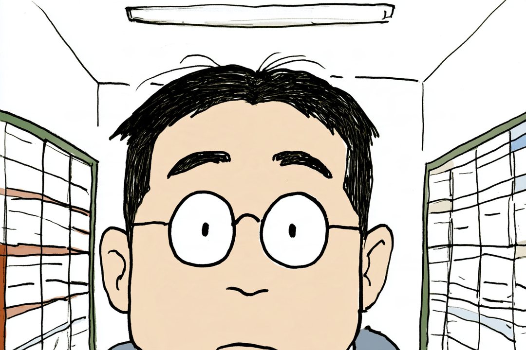 細い横の帯の寄り。丸い眼鏡の奥で、見開かれる男性の目。