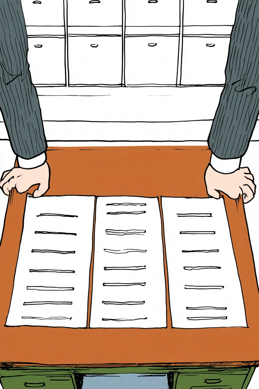 エントランスの小さな机の上に、3通の見積書が並ぶ（字は読めない線）。上から、眼鏡の男性の両手が机をつかむ。