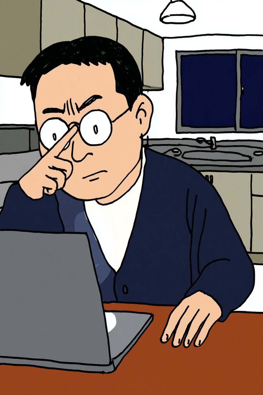夜の台所。眼鏡の男性が、ノートパソコンの画面（字は読めない光）に顔を近づけ、眼鏡を指で押し上げる。画面の白い光が眼鏡に映る。