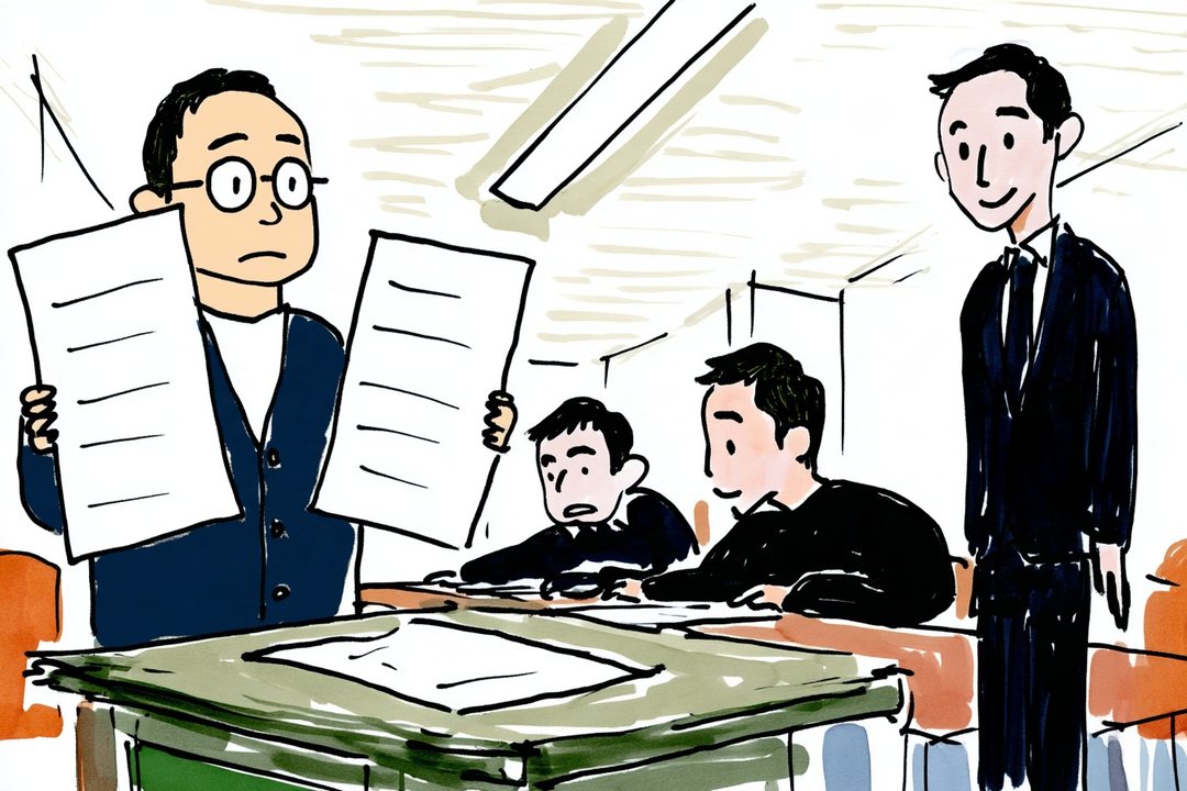 集会室。左の手前で、眼鏡の男性が見積書を1通ずつ両手に掲げて持ったまま固まる。奥の長い机で、理事2人が身を乗り出す。右に、紺の背広の若い男性がにこやかに立つ。