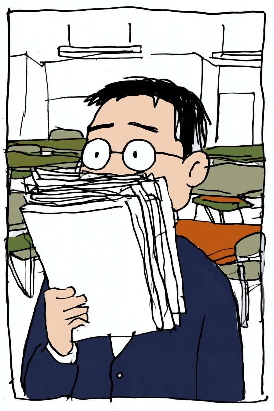 眼鏡の男性の寄り。見積書の束を顔の前に掲げ、紙の上から目だけを出して、横目で見る。後ろの天井に白い蛍光灯。