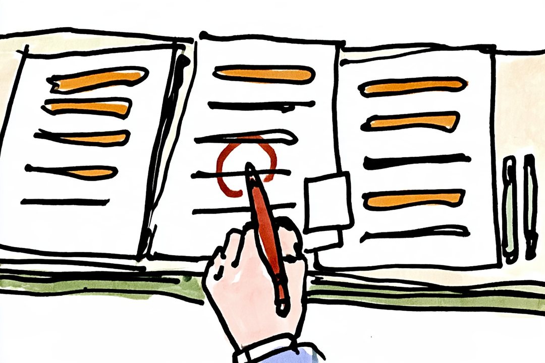 会社の机の上（少し前の日の回想）を真上から。見積書が3枚並び、横に付箋と予備のボールペン。赤いペンで、真ん中の紙の1行に丸を付ける手。3枚の紙の行は、ばらばらの長さの線（字は読めない）。