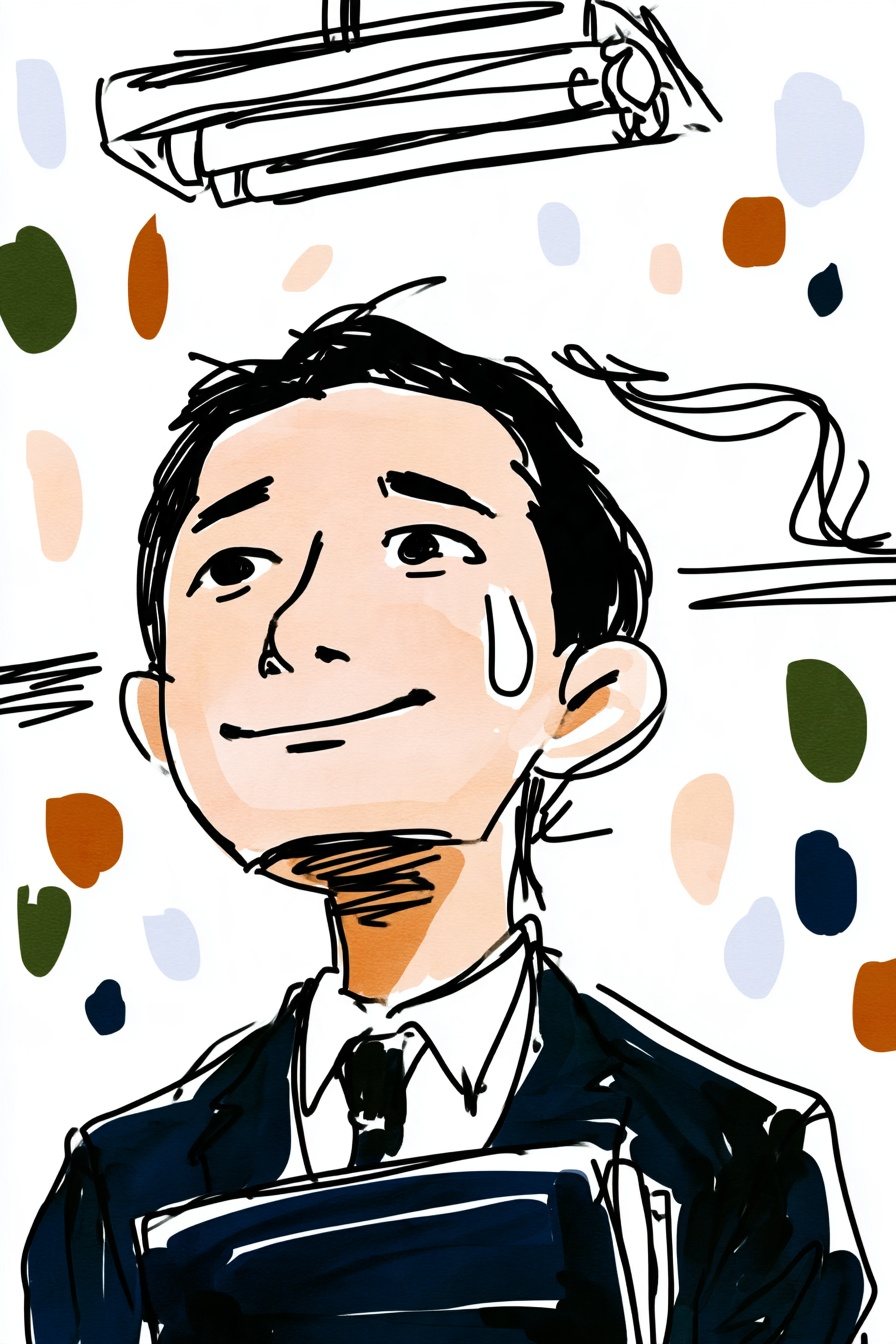 紺の背広の若い男性の寄り。にこやかな笑顔のまま、こめかみに小さな汗が1つ。手元の紺のファイルを胸に抱える。下から見上げる角度。