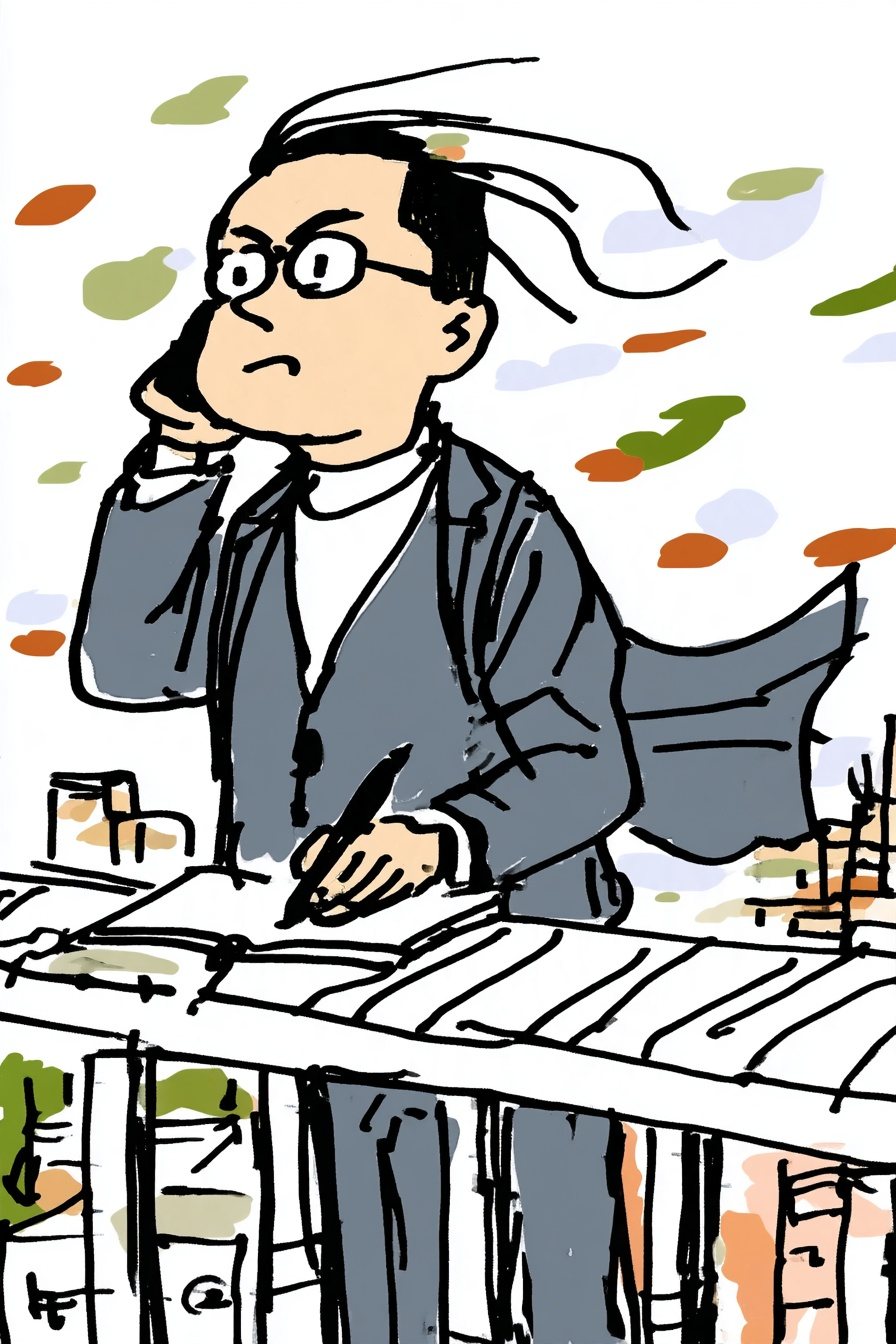 会社の屋上の手すりのそば。灰色の背広の眼鏡の男性が、スマホを耳に当て、もう片方の手で手帳にメモを取る。曇りの白い空。風で背広のすそが揺れる。浅く見上げる角度。