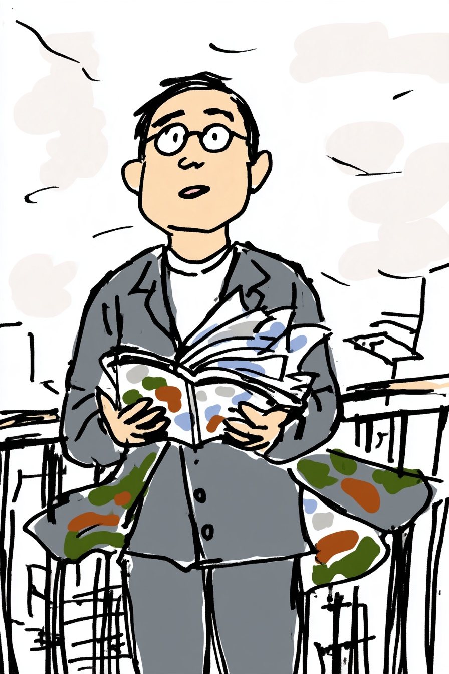 屋上で、眼鏡の男性が手帳を開いたまま空を見上げる。下から見上げる角度。風で手帳の頁がめくれ、背広のすそがはためく。