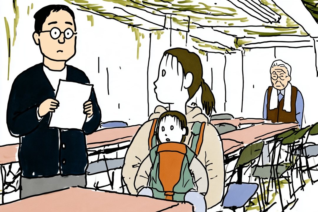 集会室の長い机の端に立った眼鏡の男性が、1枚の紙を両手で胸の前に持って見せる。横で、抱っこひもの子を抱えた30代の女性が紙を見上げる。奥の机の端に、首にタオルの老人。浅い煽り。