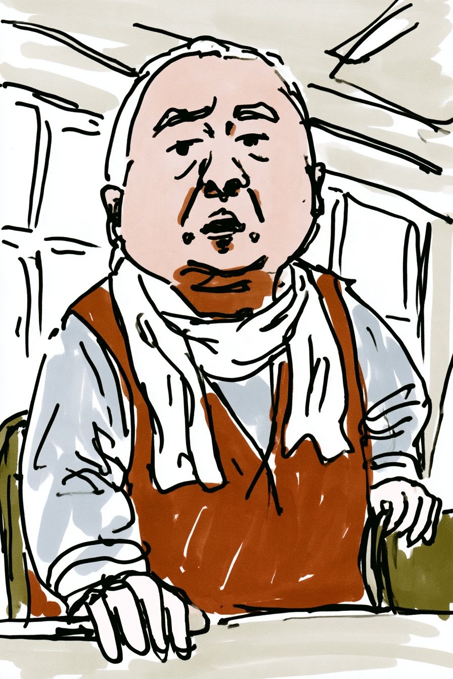 集会室の机の端。首にタオルの老人が、腕組みをほどいて立ち上がり、片手を机について前へ身を乗り出す。下から見上げる角度。窓の外の白い光が、老人の肩の線を縁取る。