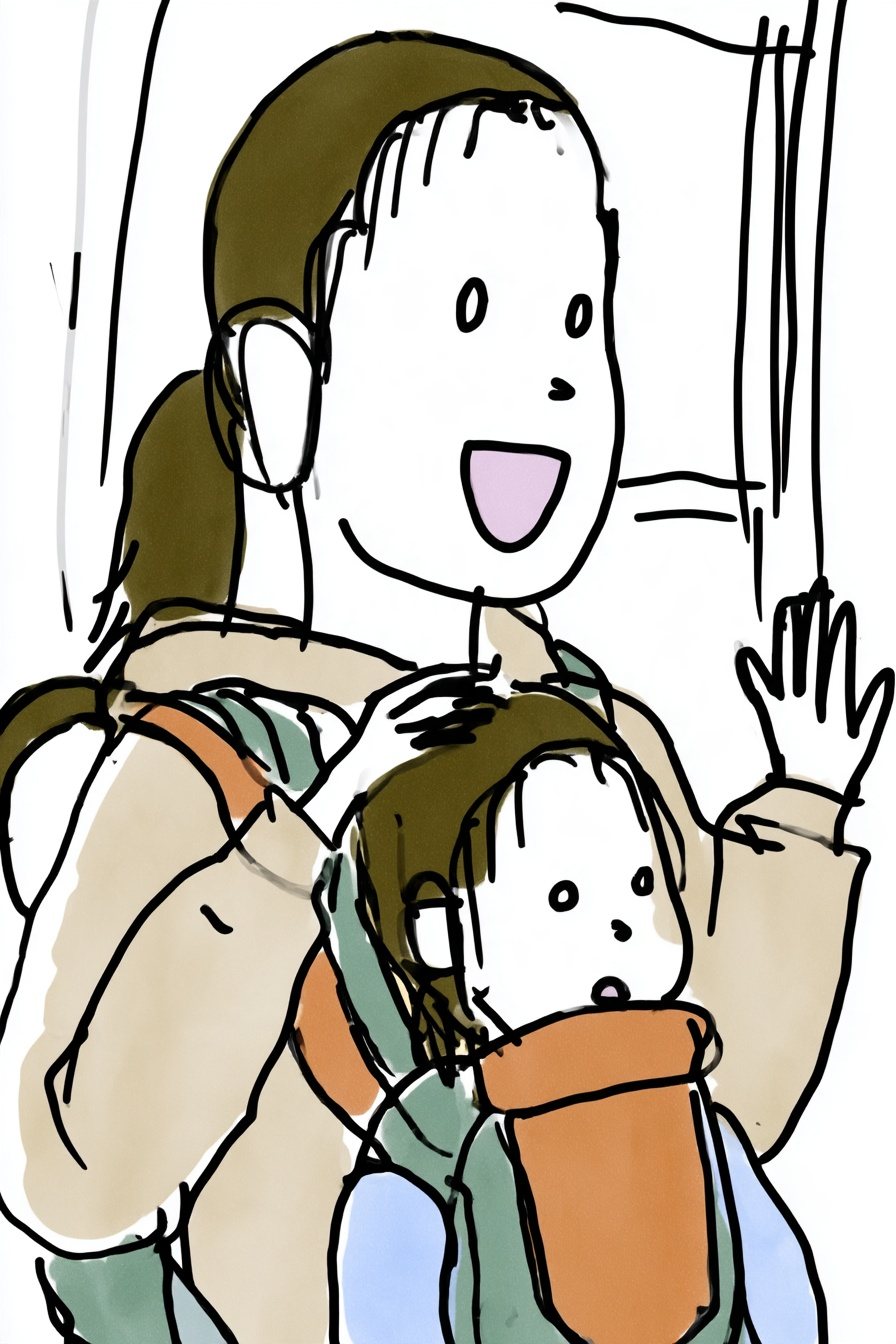 30代の女性の寄り。抱っこひもの子の頭をなでながら、小さく手を挙げて笑う。