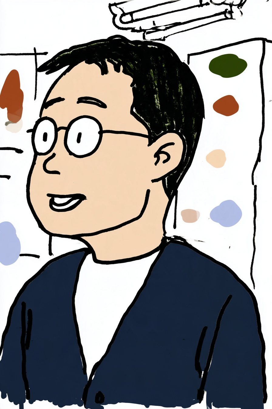 眼鏡の男性の寄り。目を丸くしたあと、ほっとして口元がゆるむ。