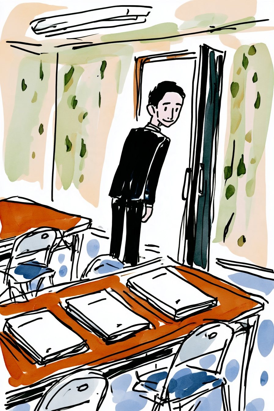 集会室の出口。紺の背広の若い男性が、出ていきながら振り返り、にこやかに軽く頭を下げる。手前の机に、閉じた3通の見積書。浅い俯瞰。