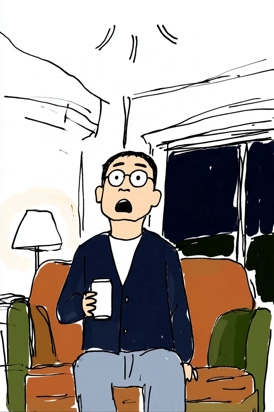 夜の部屋のソファ。眼鏡の男性が、缶の飲み物を持ったまま天井を見上げて固まる。天井の真ん中から、小さな揺れの線が広がる。窓の外は平らな紺の夜。