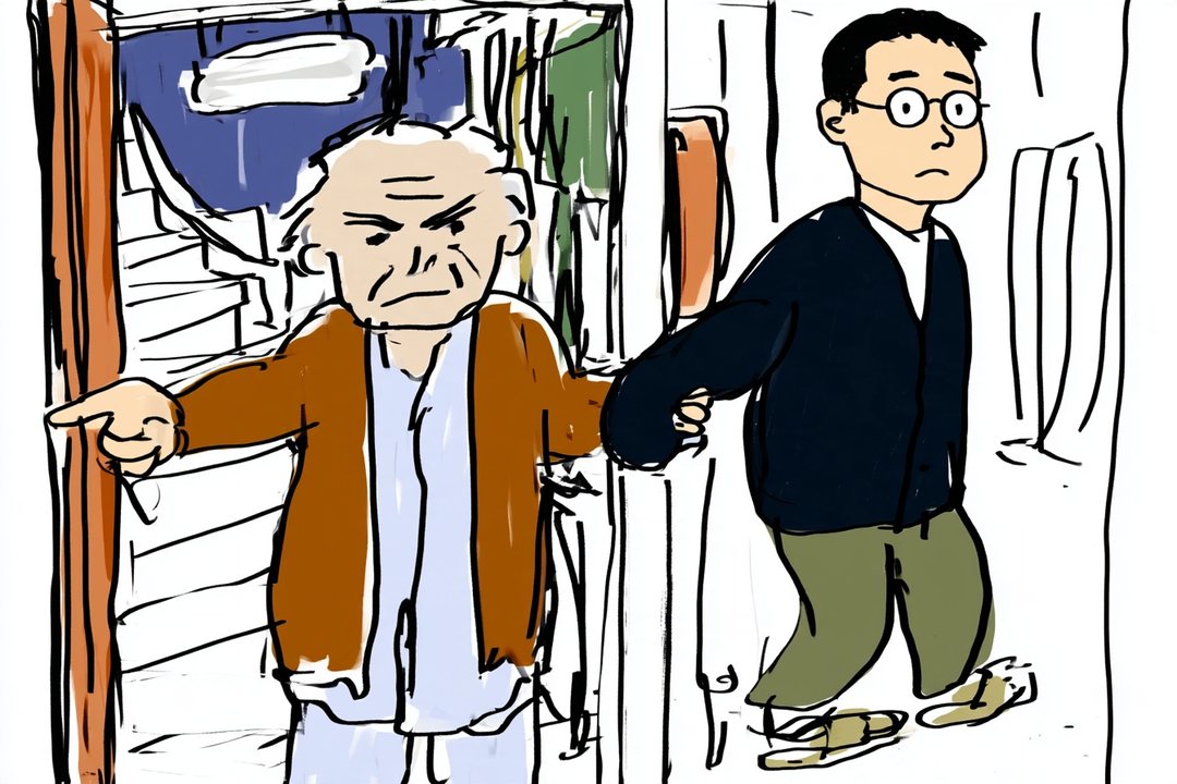 夜のマンションの共用廊下。左で、茶色のカーディガンの白髪の70歳くらいの男性が、眉間にしわを寄せて片手で廊下の先を指し、もう片方の手で、右に立つ眼鏡の男性の手首をつかんで引っぱる。紺のカーディガンの眼鏡の男性は、サンダルのまま引かれて困った顔。廊下の白い明かり。斜め上から見下ろす角度。
