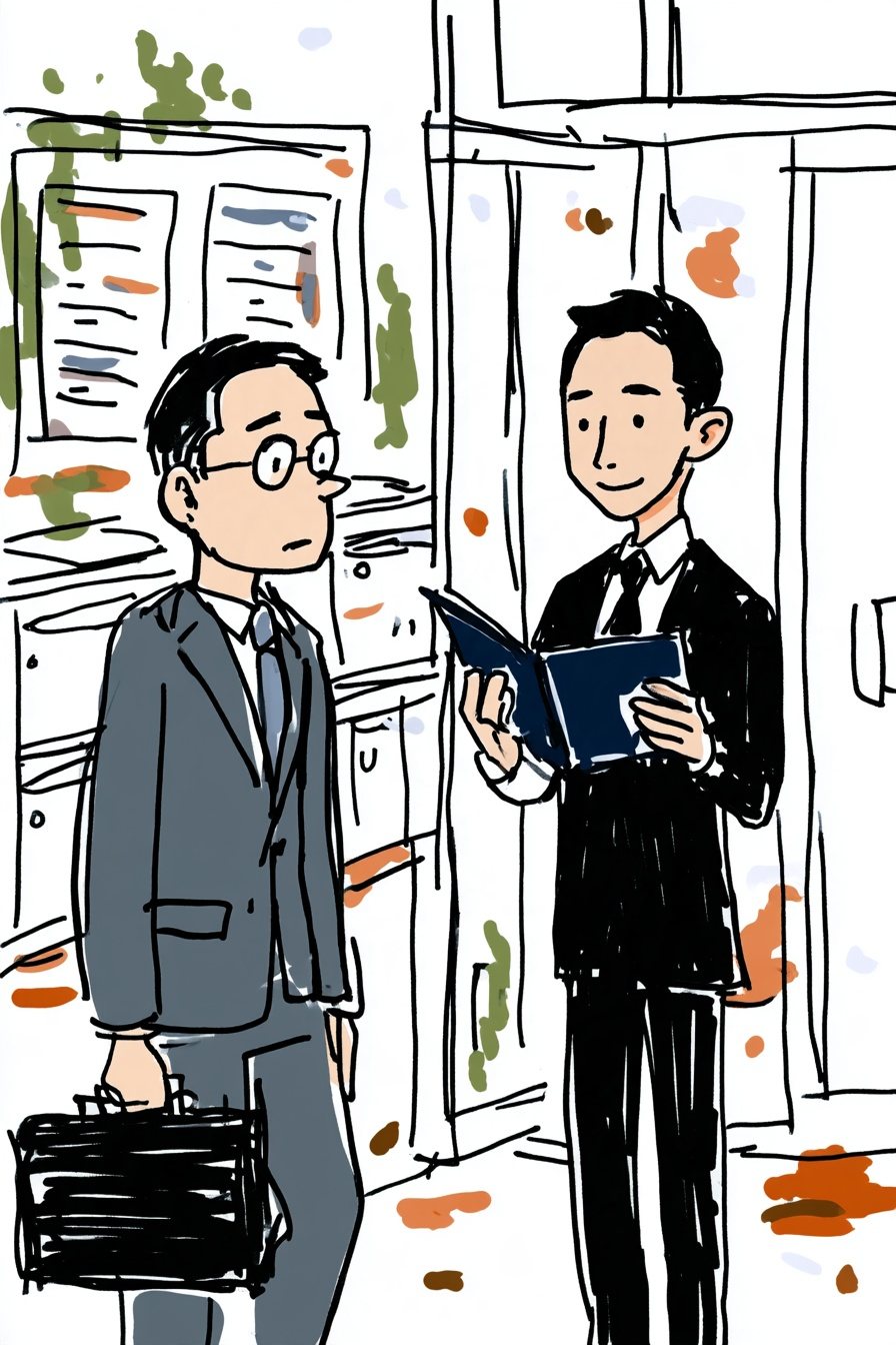 朝のマンションのエントランスの掲示板の前。右で、黒っぽい背広の若い男性がにこやかに紺のファイルを開く。左で、灰色の背広の眼鏡の男性が鞄を持ったまま立ち止まる。ガラスの扉からの白い朝の光。
