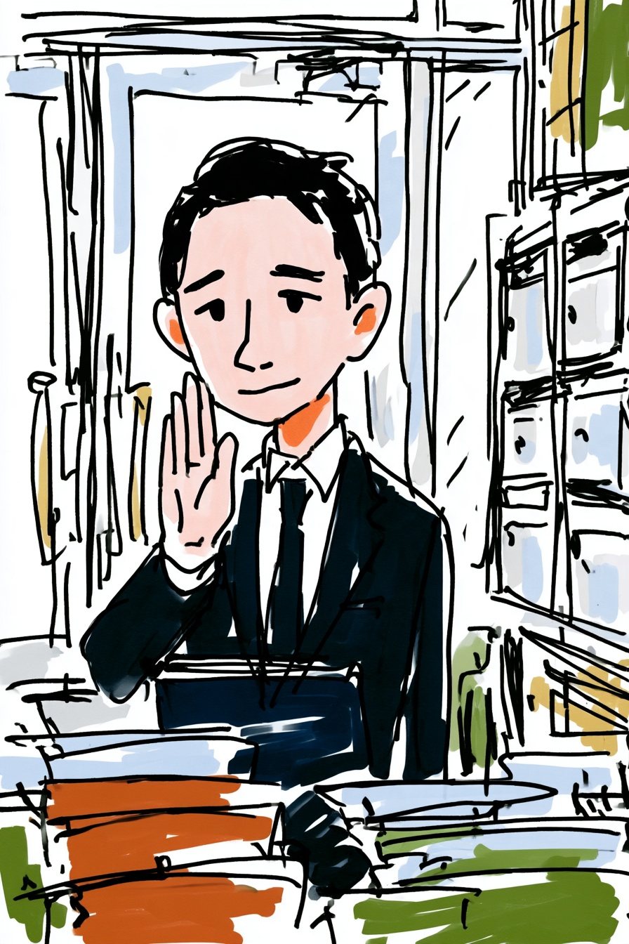 黒っぽい背広の若い男性の寄り。眉を下げた困り笑顔で、片手を顔の横に小さく立てて「すみません」の形。手前の机に書類の束。白い朝の光。少し見下ろす角度。