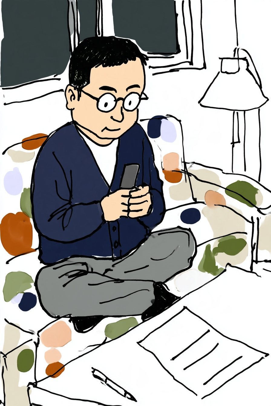 夜の部屋のソファ。紺のカーディガンの眼鏡の男性があぐらをかき、両手で持ったスマホを見下ろして打ちこむ。手前のローテーブルに、書きかけの紙とボールペン。斜め上から見下ろす角度。