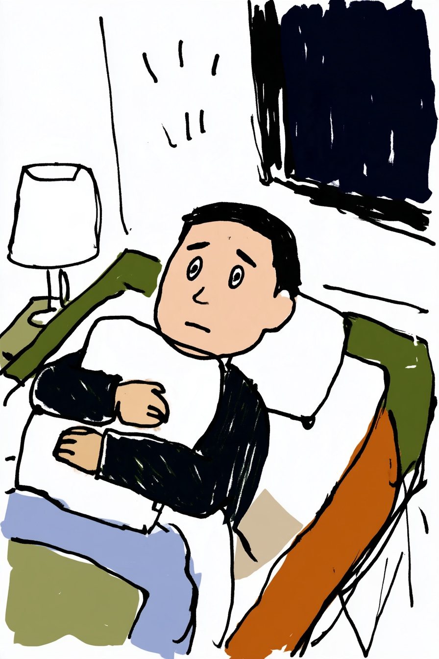 隣の部屋の暗い寝室で、眼鏡を外した男性が枕を両腕でかかえ、あお向けに近い姿で心配そうに目を開ける。上から小さな揺れの線。
