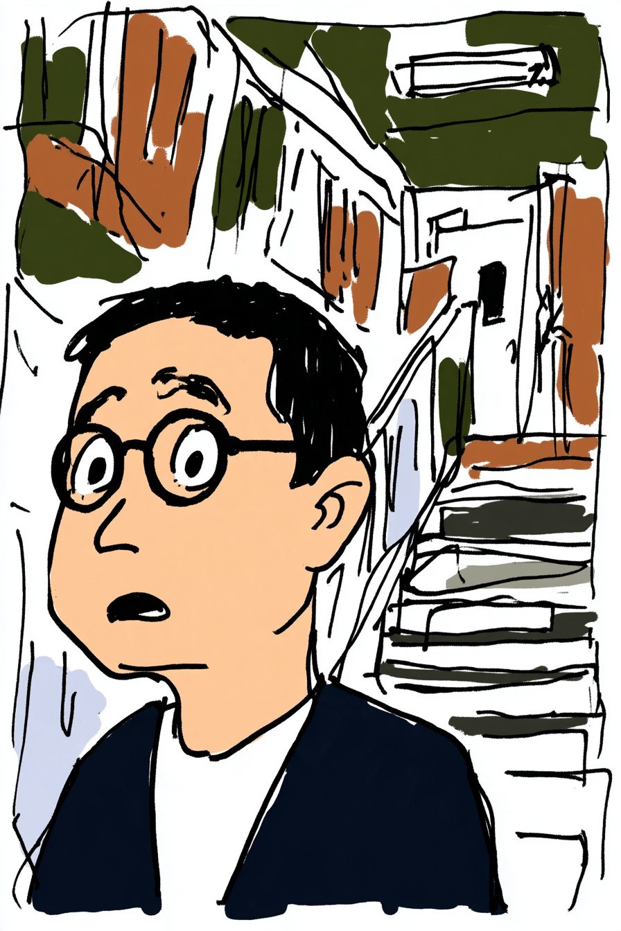 眼鏡を外した男性の寄り。目を見開いたあと、眉が下がり、口が少し開く。