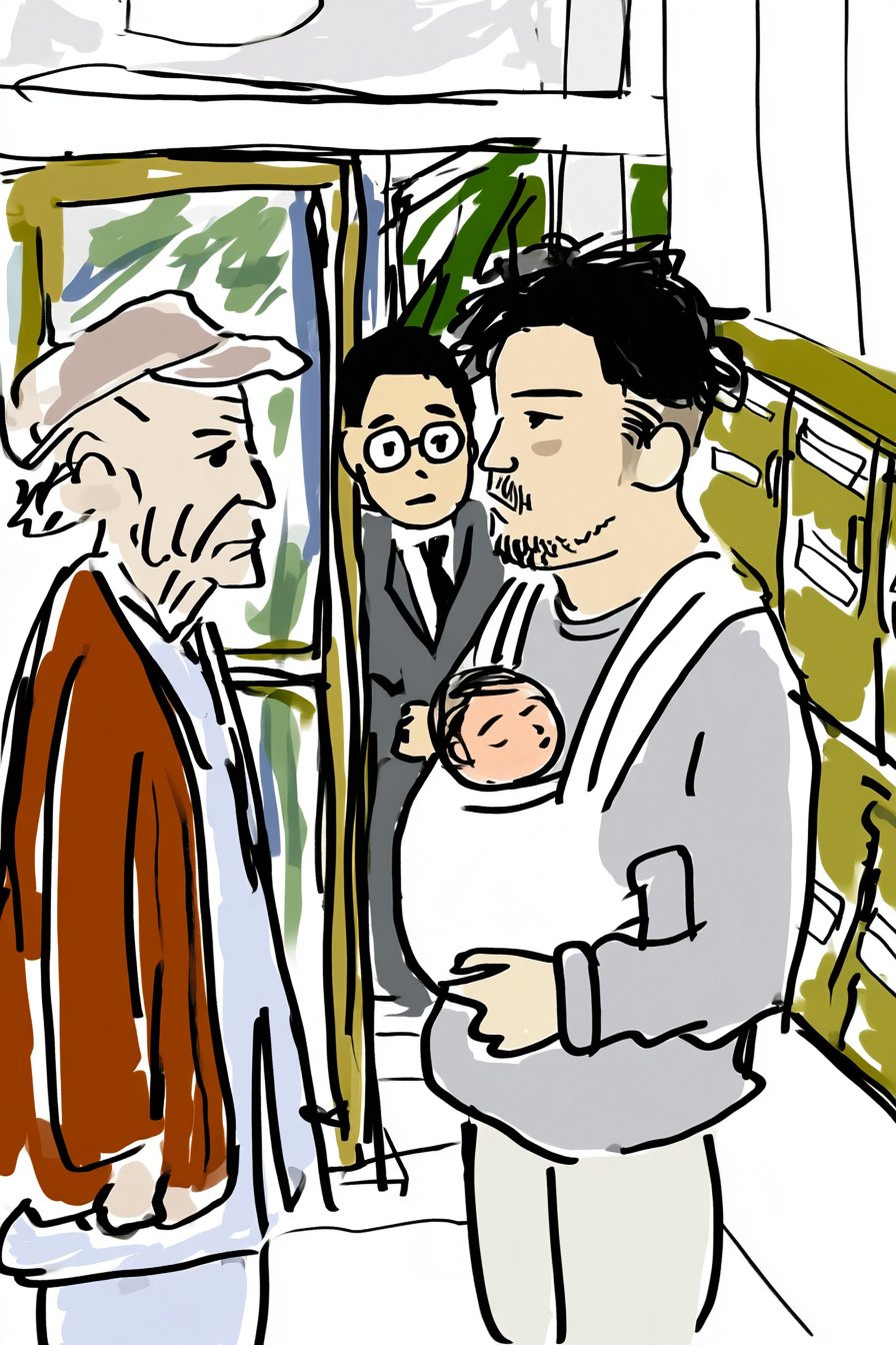 朝のエントランスのガラスの扉の前。左で、散歩の帽子の白髪まじりの男性が出かけようとして立ち止まる。右で、白い抱っこひもに赤ちゃんを入れた灰色のスウェットの男性が外から戻ってきて、向かい合う。二人の間の奥から、眼鏡の男性がのぞく。白い朝の光。