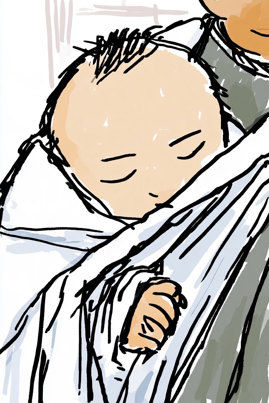 抱っこひもの中で眠る赤ちゃんの寄り。小さな手が抱っこひもの布をつかむ。