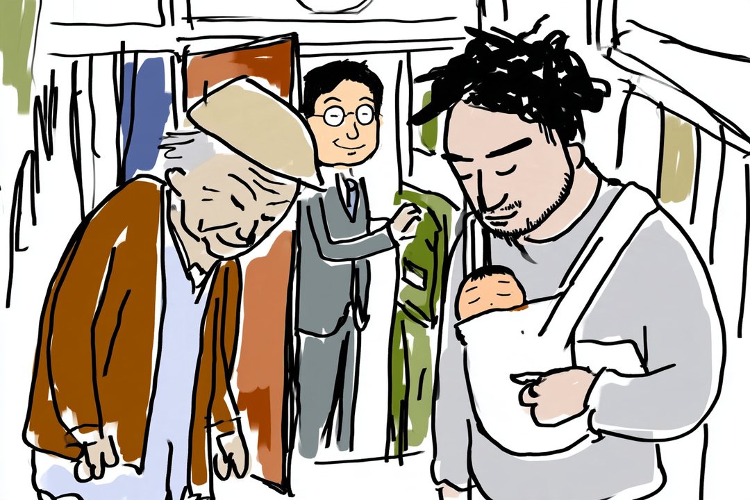 エントランスで、左の帽子の男性が深めに、右の抱っこひもの男性が伏し目で小さく、頭を下げ合う。二人の間の奥で、灰色の背広の眼鏡の男性が、郵便受けに手をかけてほっとした顔。浅い俯瞰。