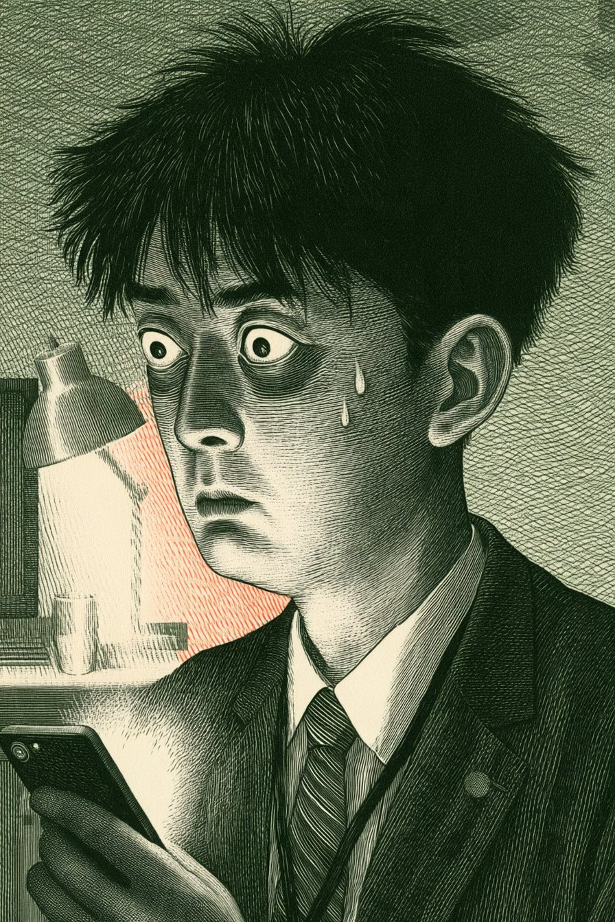 スマホを握ったまま固まる男性の寄り。こめかみに汗。目の下にくま。