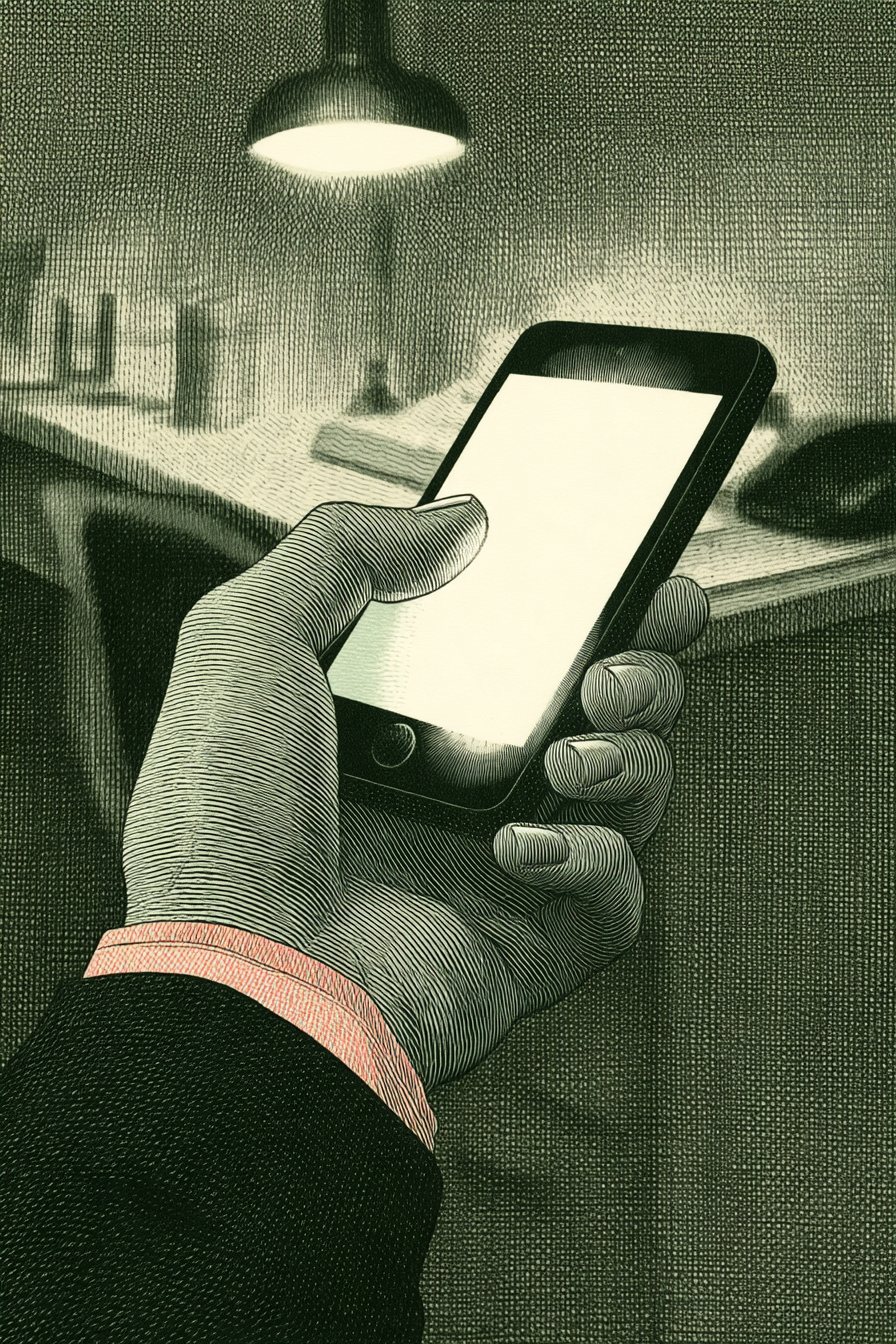 スマホを持つ男性の手の寄り。親指が画面の上で止まっている。画面は光だけで、字は読めない。