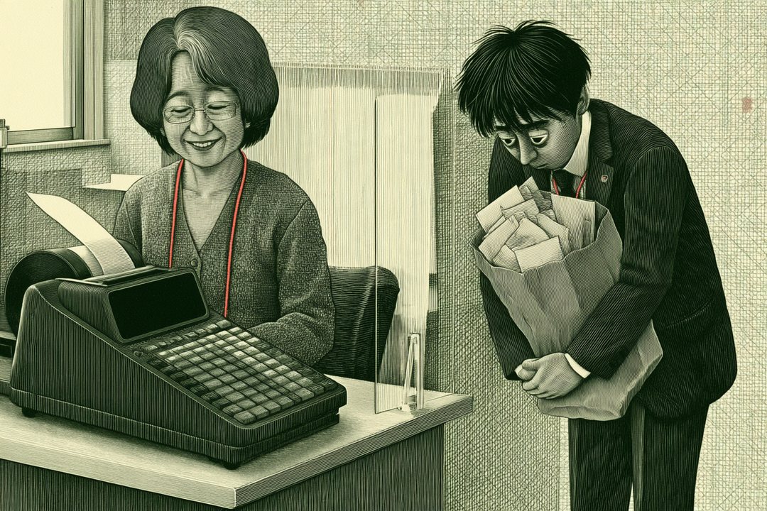 市役所の相談の部屋。左の机で、白髪まじりのショートボブの50代の女性が、首から鎖で老眼鏡を下げ、古い大きな電卓を前に笑う。右で、紙袋いっぱいの封筒を抱えたスーツの男性が頭を下げる。