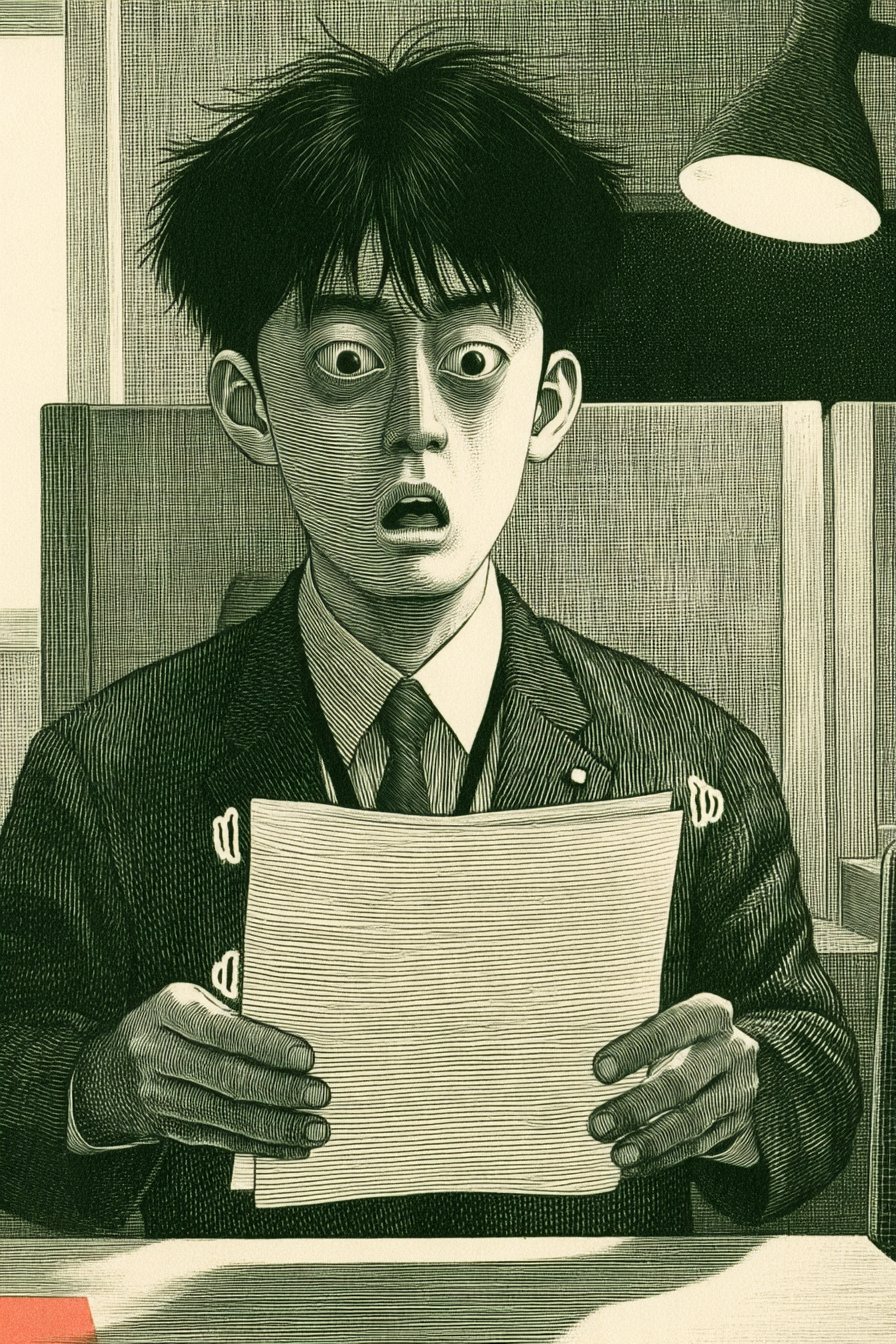 机をはさんで、青ざめて口を半分あける男性の寄り。手に持った明細の紙が震えている。