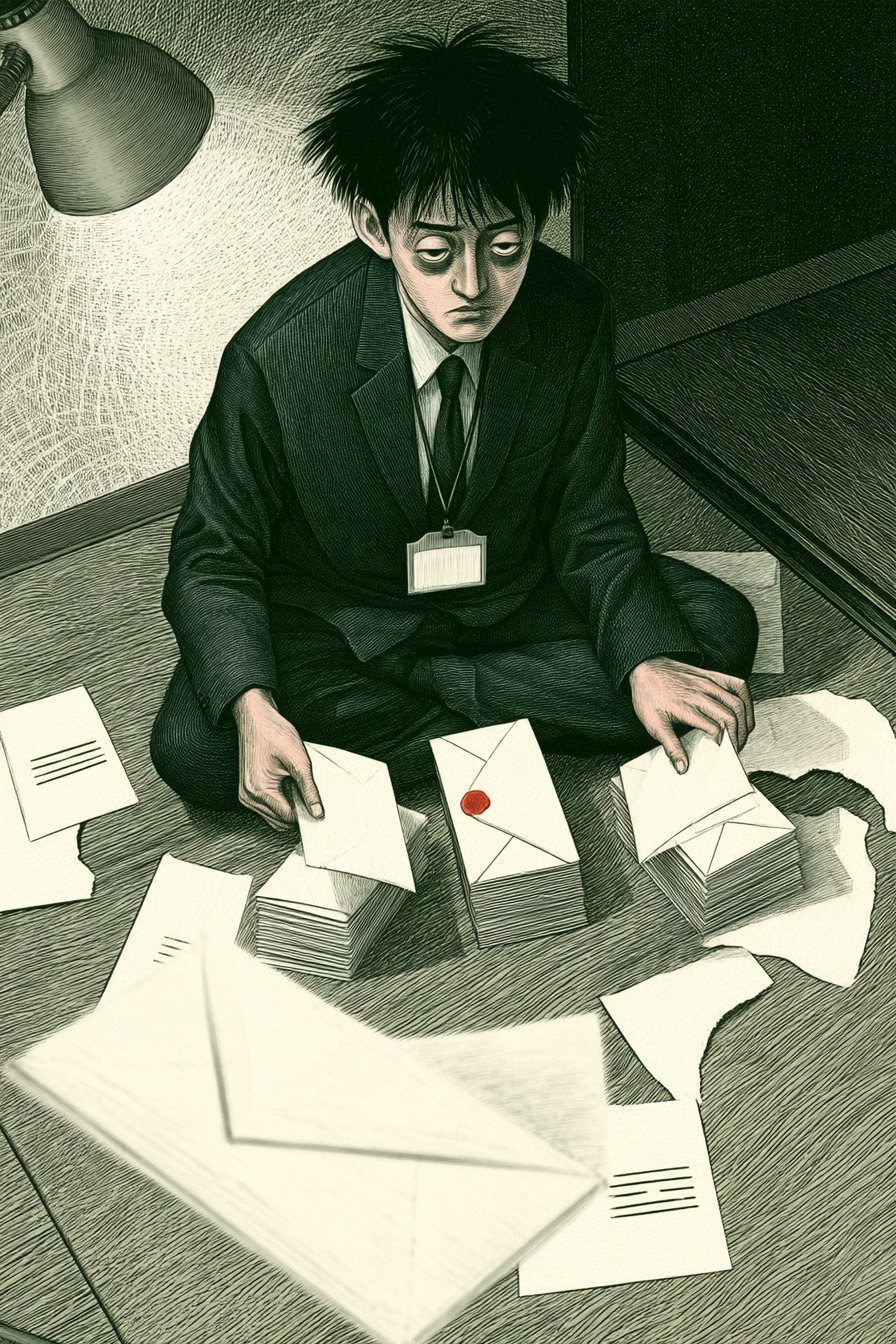 夜の部屋の床。男性があぐらをかき、封筒を3つの山に分けている。初めて封を切った封筒が何通も散らばる。