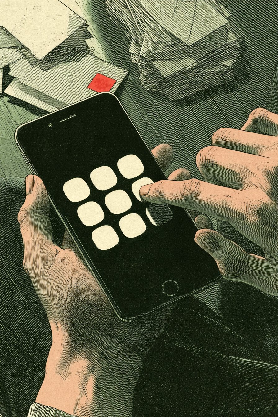 スマホの画面の数字のボタンを押す男性の人差し指の寄り。手前に指が大きく、奥に床の封筒の山がぼける。