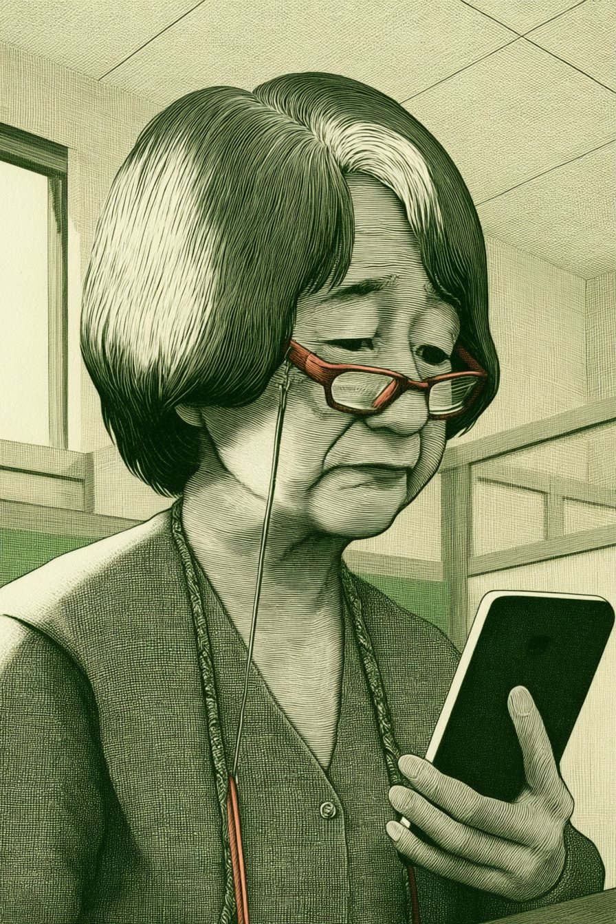 老眼鏡を鼻にのせ、スマホの画面をのぞきこむ年配の女性の相談員の寄り。目を細め、口をへの字に結ぶ。斜め下から見上げる角度。