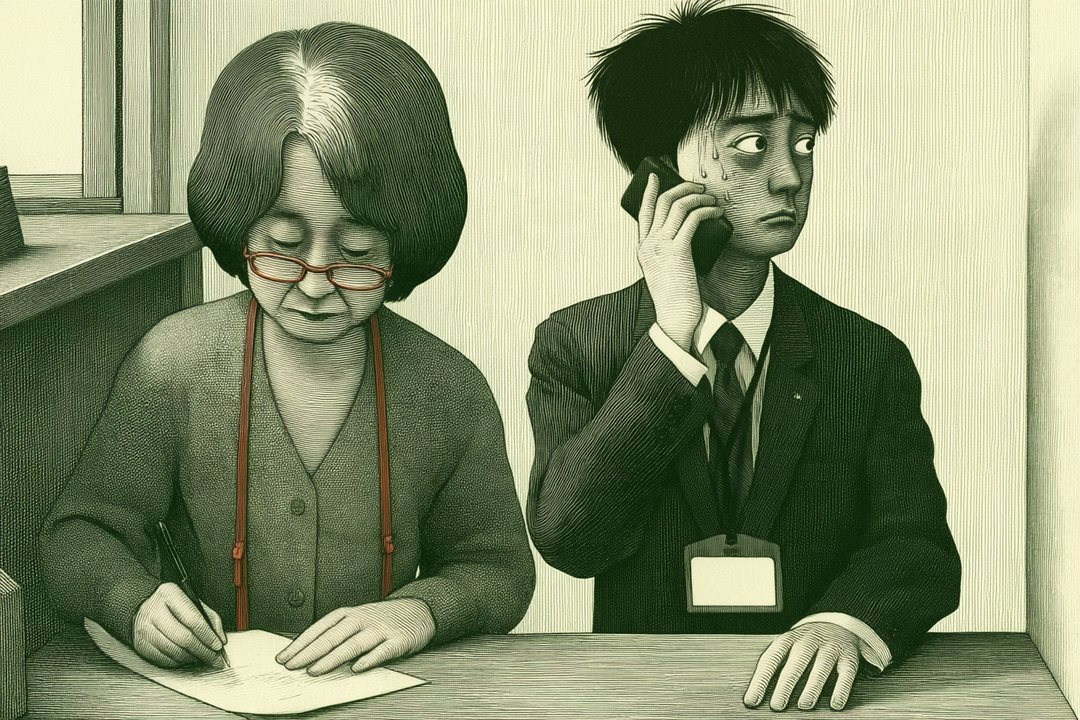 相談の机。右で、若い男性が電話を耳に当て、背筋を伸ばして固まる。こめかみに汗。左で、年配の女性の相談員が、横でメモ用紙にペンを走らせる。