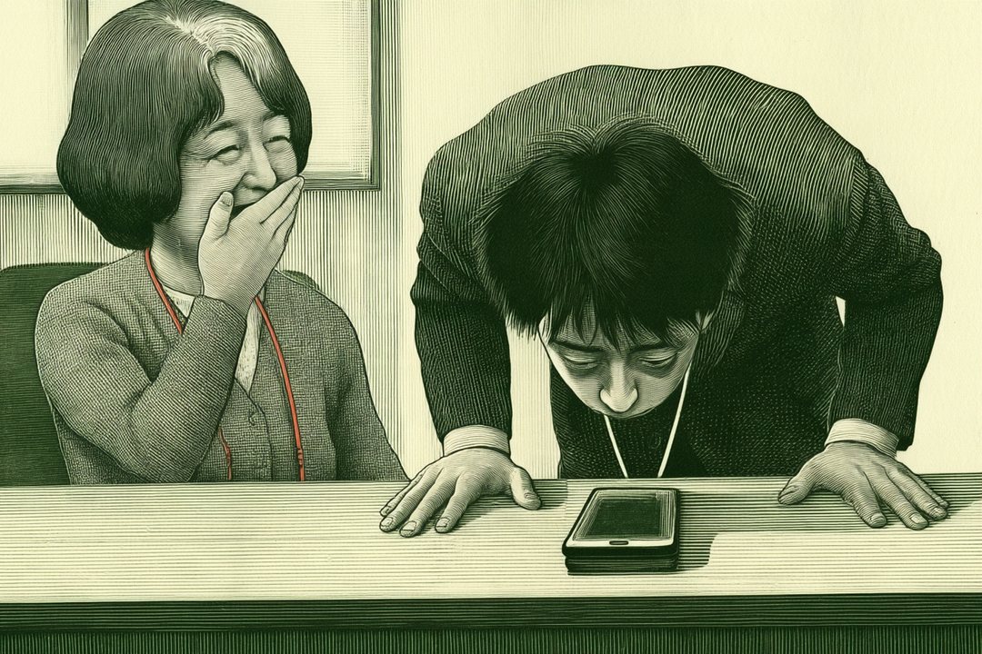 若い男性が、通話を終えたスマホに向かって、机に額がつくほど深く頭を下げる。横で年配の女性の相談員が、口に手を当てて笑いをこらえる。