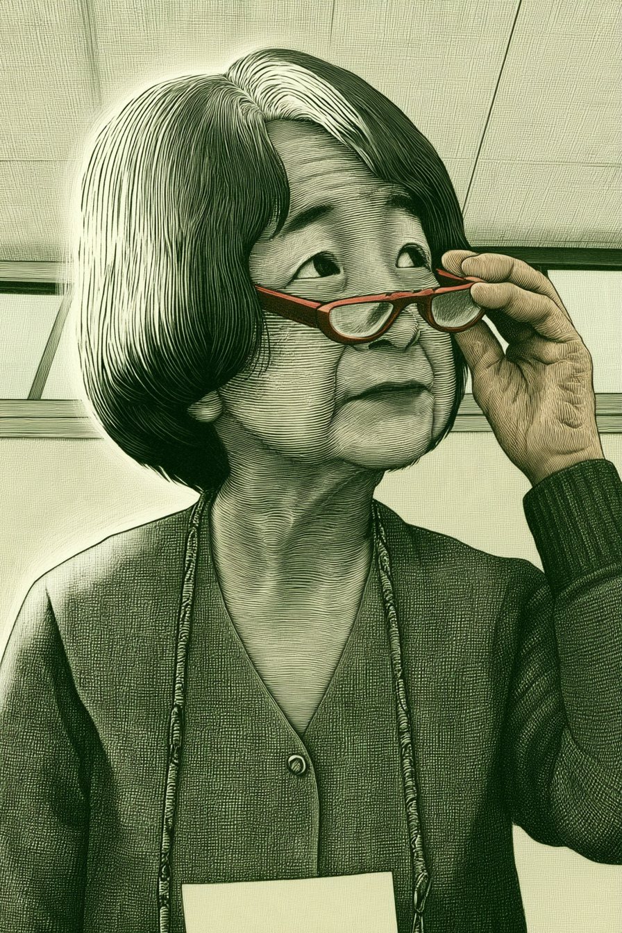 年配の女性の相談員の寄り。老眼鏡のつるに指をかけて少し下げ、眉を上げて右上を見上げる。胸元に白い紙。