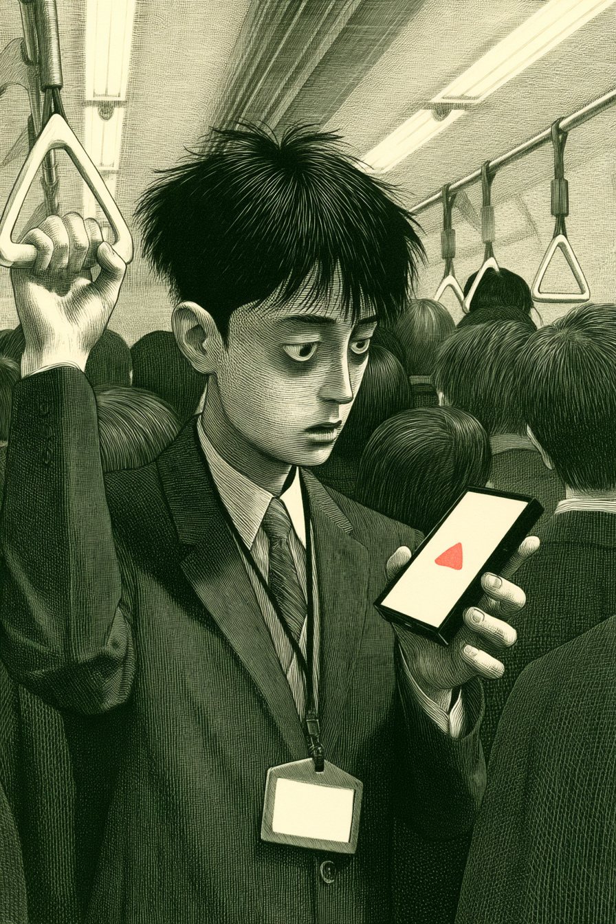 満員の朝の電車の中。つり革につかまるスーツの若い男性が、片手のスマホの画面を見て青ざめる。画面には赤い印だけ(字は読めない)。周りの乗客はぼける。斜め上から見下ろす角度。