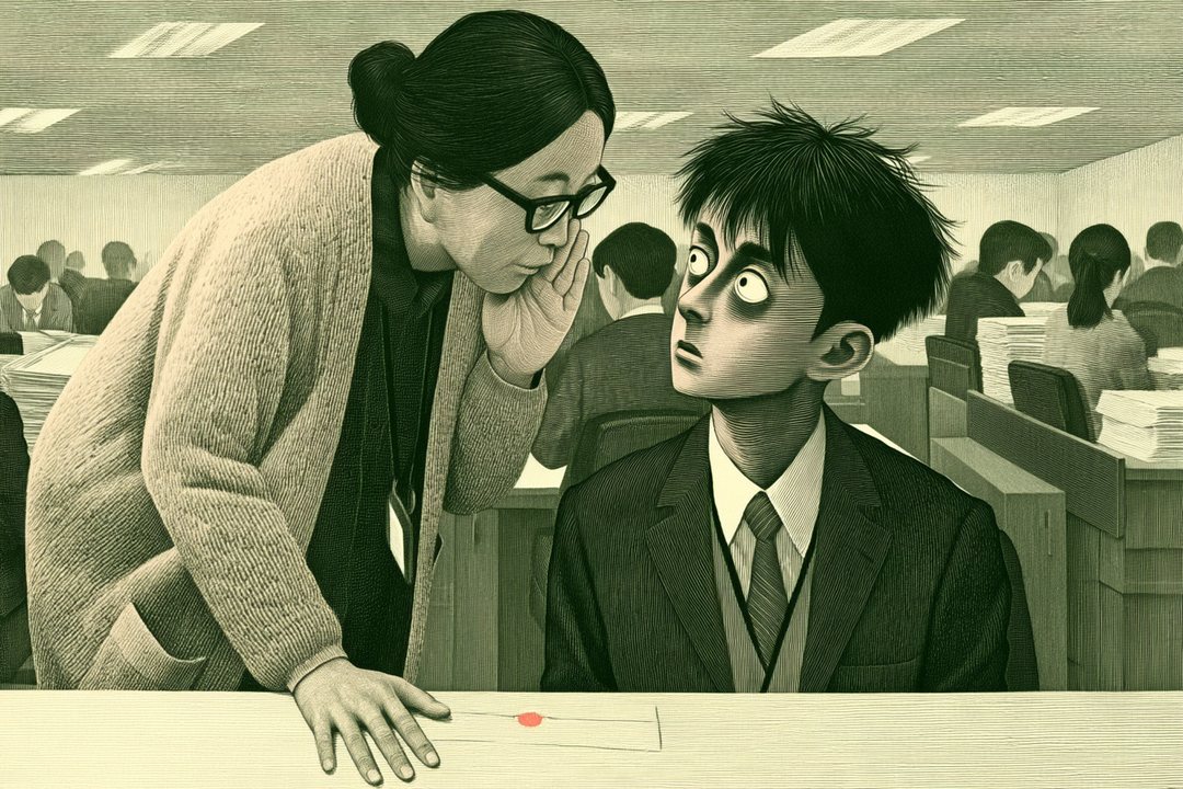 事務所の机。左で、眼鏡をかけた40代の総務の女性が机に手をつき、身をかがめて小声で話しかける。右で、椅子に座った若い男性が見上げて固まる。奥の同僚たちはぼける。
